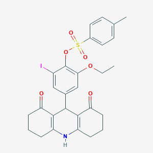 molecular formula C28H28INO6S B300796 4-(1,8-Dioxo-1,2,3,4,5,6,7,8,9,10-decahydro-9-acridinyl)-2-ethoxy-6-iodophenyl 4-methylbenzenesulfonate 