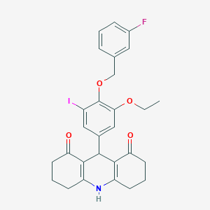 molecular formula C28H27FINO4 B300797 9-{3-ethoxy-4-[(3-fluorobenzyl)oxy]-5-iodophenyl}-3,4,6,7,9,10-hexahydro-1,8(2H,5H)-acridinedione 