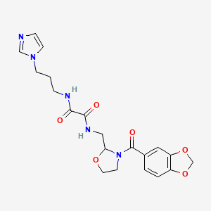 molecular formula C20H23N5O6 B3007986 N1-(3-(1H-imidazol-1-yl)propyl)-N2-((3-(benzo[d][1,3]dioxole-5-carbonyl)oxazolidin-2-yl)methyl)oxalamide CAS No. 874805-61-5