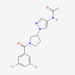 molecular formula C16H16Cl2N4O2 B3008068 N-[1-[1-(3,5-Dichlorobenzoyl)pyrrolidin-3-yl]pyrazol-4-yl]acetamide CAS No. 2415491-72-2