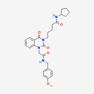 molecular formula C28H34N4O5 B3008133 N-cyclopentyl-5-(1-(2-((4-methoxybenzyl)amino)-2-oxoethyl)-2,4-dioxo-1,2-dihydroquinazolin-3(4H)-yl)pentanamide CAS No. 1223967-76-7