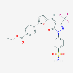 molecular formula C24H18F3N3O6S B300817 ethyl 4-(5-{[1-[4-(aminosulfonyl)phenyl]-5-oxo-3-(trifluoromethyl)-1,5-dihydro-4H-pyrazol-4-ylidene]methyl}-2-furyl)benzoate 