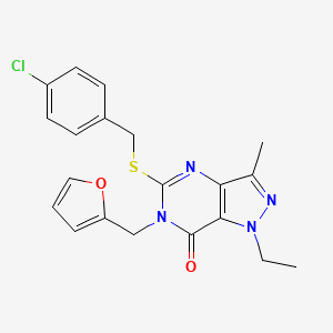 molecular formula C20H19ClN4O2S B3008194 5-((4-chlorobenzyl)thio)-1-ethyl-6-(furan-2-ylmethyl)-3-methyl-1H-pyrazolo[4,3-d]pyrimidin-7(6H)-one CAS No. 1358283-59-6