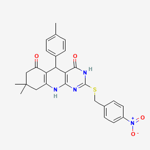 molecular formula C27H26N4O4S B3008220 8,8-dimethyl-2-((4-nitrobenzyl)thio)-5-(p-tolyl)-7,8,9,10-tetrahydropyrimido[4,5-b]quinoline-4,6(3H,5H)-dione CAS No. 537044-79-4