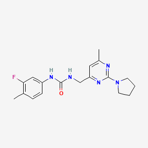 molecular formula C18H22FN5O B3008234 1-(3-Fluoro-4-methylphenyl)-3-((6-methyl-2-(pyrrolidin-1-yl)pyrimidin-4-yl)methyl)urea CAS No. 1797656-51-9