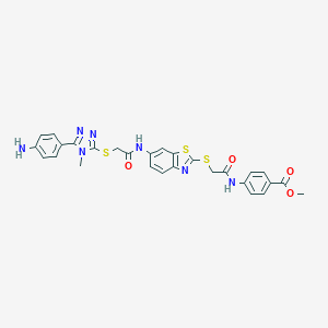 molecular formula C28H25N7O4S3 B300826 Methyl 4-[[2-[[6-[[2-[[5-(4-aminophenyl)-4-methyl-1,2,4-triazol-3-yl]sulfanyl]acetyl]amino]-1,3-benzothiazol-2-yl]sulfanyl]acetyl]amino]benzoate 