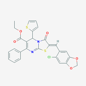molecular formula C27H19ClN2O5S2 B300827 ethyl 2-[(6-chloro-1,3-benzodioxol-5-yl)methylene]-3-oxo-7-phenyl-5-(2-thienyl)-2,3-dihydro-5H-[1,3]thiazolo[3,2-a]pyrimidine-6-carboxylate 