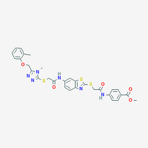 molecular formula C30H28N6O5S3 B300828 methyl 4-({[(6-{[({4-methyl-5-[(2-methylphenoxy)methyl]-4H-1,2,4-triazol-3-yl}sulfanyl)acetyl]amino}-1,3-benzothiazol-2-yl)sulfanyl]acetyl}amino)benzoate 