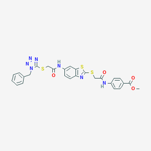 molecular formula C27H23N7O4S3 B300829 Methyl 4-[[2-[[6-[[2-(1-benzyltetrazol-5-yl)sulfanylacetyl]amino]-1,3-benzothiazol-2-yl]sulfanyl]acetyl]amino]benzoate 