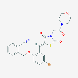 molecular formula C24H20BrN3O5S B300834 2-{[4-Bromo-2-({3-[2-(4-morpholinyl)-2-oxoethyl]-2,4-dioxo-1,3-thiazolidin-5-ylidene}methyl)phenoxy]methyl}benzonitrile 