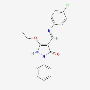 molecular formula C18H16ClN3O2 B3008378 4-[(4-chloroanilino)methylene]-5-ethoxy-2-phenyl-2,4-dihydro-3H-pyrazol-3-one CAS No. 338750-93-9
