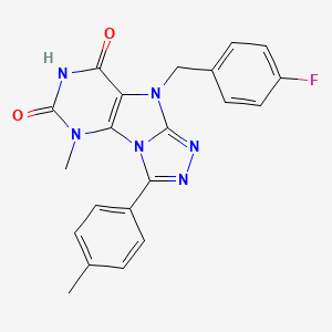 molecular formula C21H17FN6O2 B3008386 5-[(4-Fluorophenyl)methyl]-1-methyl-8-(4-methylphenyl)purino[8,9-c][1,2,4]triazole-2,4-dione CAS No. 921828-71-9