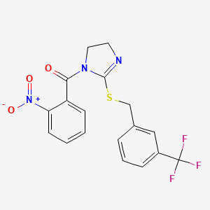 molecular formula C18H14F3N3O3S B3008483 (2-硝基苯基)-[2-[[3-(三氟甲基)苯基]甲基硫代]-4,5-二氢咪唑-1-基]甲苯酮 CAS No. 851805-72-6