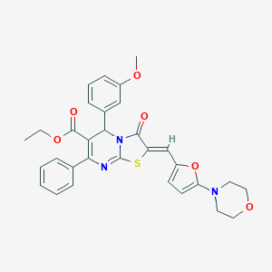 molecular formula C31H29N3O6S B300857 ethyl 5-(3-methoxyphenyl)-2-{[5-(4-morpholinyl)-2-furyl]methylene}-3-oxo-7-phenyl-2,3-dihydro-5H-[1,3]thiazolo[3,2-a]pyrimidine-6-carboxylate 