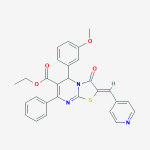 molecular formula C28H23N3O4S B300860 ethyl 5-(3-methoxyphenyl)-3-oxo-7-phenyl-2-(4-pyridinylmethylene)-2,3-dihydro-5H-[1,3]thiazolo[3,2-a]pyrimidine-6-carboxylate 