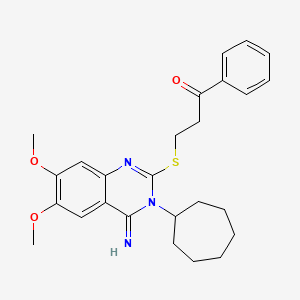 molecular formula C26H31N3O3S B3008629 3-[(3-Cycloheptyl-4-imino-6,7-dimethoxy-3,4-dihydro-2-quinazolinyl)sulfanyl]-1-phenyl-1-propanone CAS No. 691858-11-4