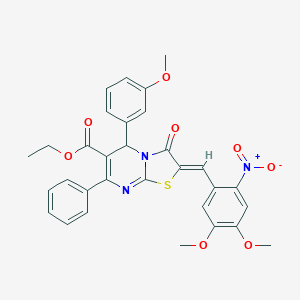 molecular formula C31H27N3O8S B300863 ethyl 2-{2-nitro-4,5-dimethoxybenzylidene}-5-(3-methoxyphenyl)-3-oxo-7-phenyl-2,3-dihydro-5H-[1,3]thiazolo[3,2-a]pyrimidine-6-carboxylate 