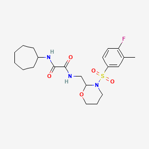 molecular formula C21H30FN3O5S B3008664 N1-环庚基-N2-((3-((4-氟-3-甲基苯基)磺酰基)-1,3-恶唑烷-2-基)甲基)草酰胺 CAS No. 872724-94-2