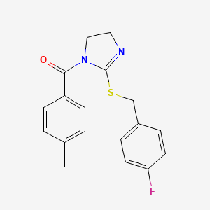 molecular formula C18H17FN2OS B3008674 (2-((4-fluorobenzyl)thio)-4,5-dihydro-1H-imidazol-1-yl)(p-tolyl)methanone CAS No. 851865-56-0