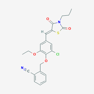 molecular formula C23H21ClN2O4S B300871 2-({2-Chloro-4-[(2,4-dioxo-3-propyl-1,3-thiazolidin-5-ylidene)methyl]-6-ethoxyphenoxy}methyl)benzonitrile 