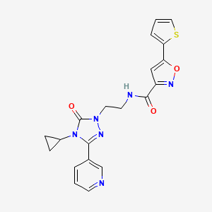 molecular formula C20H18N6O3S B3008823 N-(2-(4-cyclopropyl-5-oxo-3-(pyridin-3-yl)-4,5-dihydro-1H-1,2,4-triazol-1-yl)ethyl)-5-(thiophen-2-yl)isoxazole-3-carboxamide CAS No. 1798541-38-4