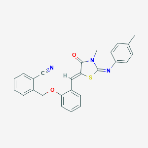 molecular formula C26H21N3O2S B300889 2-{[2-({3-Methyl-2-[(4-methylphenyl)imino]-4-oxo-1,3-thiazolidin-5-ylidene}methyl)phenoxy]methyl}benzonitrile 