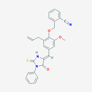 molecular formula C28H23N3O3S B300891 2-({2-Allyl-6-methoxy-4-[(5-oxo-1-phenyl-2-thioxo-4-imidazolidinylidene)methyl]phenoxy}methyl)benzonitrile 