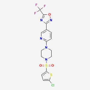 molecular formula C16H13ClF3N5O3S2 B3008952 3-(6-(4-((5-Chlorothiophen-2-yl)sulfonyl)piperazin-1-yl)pyridin-3-yl)-5-(trifluoromethyl)-1,2,4-oxadiazole CAS No. 1421452-21-2
