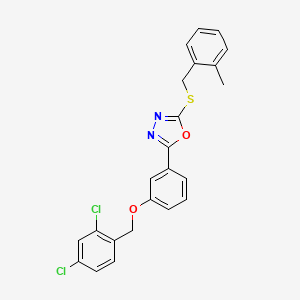 molecular formula C23H18Cl2N2O2S B3008969 2-[3-[(2,4-Dichlorophenyl)methoxy]phenyl]-5-[(2-methylphenyl)methylsulfanyl]-1,3,4-oxadiazole CAS No. 477856-64-7