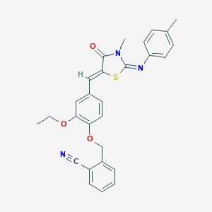 molecular formula C28H25N3O3S B300901 2-{[2-Ethoxy-4-({3-methyl-2-[(4-methylphenyl)imino]-4-oxo-1,3-thiazolidin-5-ylidene}methyl)phenoxy]methyl}benzonitrile 