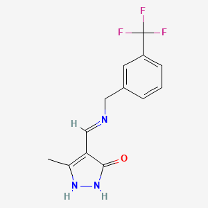 molecular formula C13H12F3N3O B3009072 5-methyl-4-({[3-(trifluoromethyl)benzyl]amino}methylene)-2,4-dihydro-3H-pyrazol-3-one CAS No. 477850-62-7