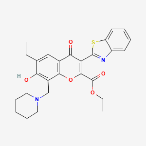 molecular formula C27H28N2O5S B3009255 Ethyl 3-(1,3-benzothiazol-2-yl)-6-ethyl-7-hydroxy-4-oxo-8-(piperidin-1-ylmethyl)chromene-2-carboxylate CAS No. 433700-24-4