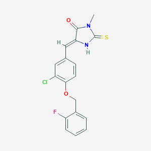 molecular formula C18H14ClFN2O2S B300928 5-{3-Chloro-4-[(2-fluorobenzyl)oxy]benzylidene}-3-methyl-2-thioxo-4-imidazolidinone 