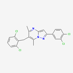 molecular formula C21H15Cl4N3 B3009377 6-(2,6-Dichlorobenzyl)-2-(3,4-dichlorophenyl)-5,7-dimethylpyrazolo[1,5-a]pyrimidine CAS No. 477858-94-9