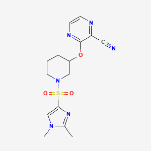 molecular formula C15H18N6O3S B3009408 3-((1-((1,2-二甲基-1H-咪唑-4-基)磺酰基)哌啶-3-基)氧基)吡嗪-2-甲腈 CAS No. 2034479-99-5