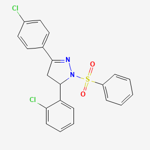 molecular formula C21H16Cl2N2O2S B3009438 5-(2-chlorophenyl)-3-(4-chlorophenyl)-1-(phenylsulfonyl)-4,5-dihydro-1H-pyrazole CAS No. 361171-55-3