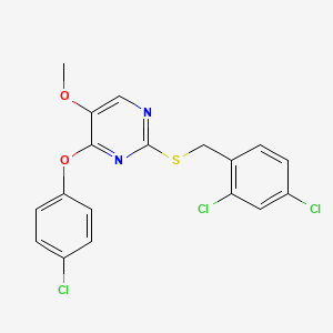 molecular formula C18H13Cl3N2O2S B3009457 4-(4-Chlorophenoxy)-2-[(2,4-dichlorobenzyl)sulfanyl]-5-methoxypyrimidine CAS No. 339275-89-7