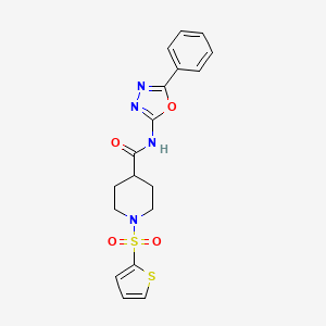 molecular formula C18H18N4O4S2 B3009483 N-(5-phenyl-1,3,4-oxadiazol-2-yl)-1-(thiophen-2-ylsulfonyl)piperidine-4-carboxamide CAS No. 900001-22-1
