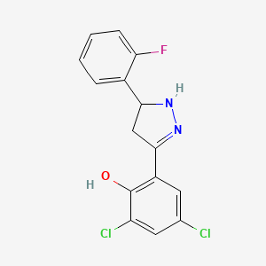 molecular formula C15H11Cl2FN2O B3009553 2,4-二氯-6-[5-(2-氟苯基)-4,5-二氢-1H-吡唑-3-基]苯酚 CAS No. 577761-21-8