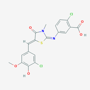 molecular formula C19H14Cl2N2O5S B300961 2-Chloro-5-{[5-(3-chloro-4-hydroxy-5-methoxybenzylidene)-3-methyl-4-oxo-1,3-thiazolidin-2-ylidene]amino}benzoic acid 