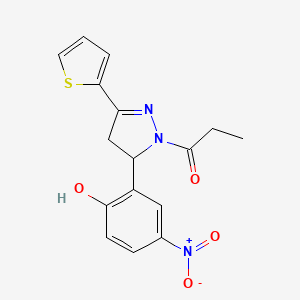 molecular formula C16H15N3O4S B3009613 1-(5-(2-hydroxy-5-nitrophenyl)-3-(thiophen-2-yl)-4,5-dihydro-1H-pyrazol-1-yl)propan-1-one CAS No. 868214-32-8