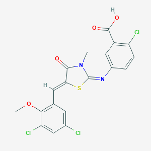 molecular formula C19H13Cl3N2O4S B300962 2-chloro-5-{[(2E,5Z)-5-(3,5-dichloro-2-methoxybenzylidene)-3-methyl-4-oxo-1,3-thiazolidin-2-ylidene]amino}benzoic acid 