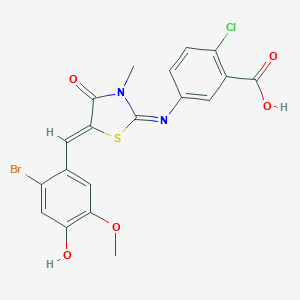 molecular formula C19H14BrClN2O5S B300967 5-{[5-(2-Bromo-4-hydroxy-5-methoxybenzylidene)-3-methyl-4-oxo-1,3-thiazolidin-2-ylidene]amino}-2-chlorobenzoic acid 