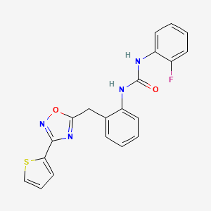 molecular formula C20H15FN4O2S B3009817 1-(2-Fluorophenyl)-3-(2-((3-(thiophen-2-yl)-1,2,4-oxadiazol-5-yl)methyl)phenyl)urea CAS No. 1797960-35-0