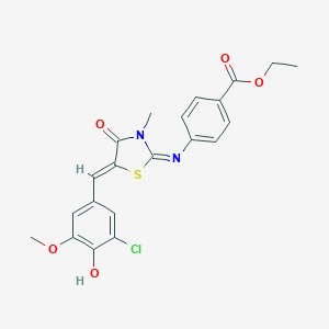 molecular formula C21H19ClN2O5S B300986 Ethyl 4-{[5-(3-chloro-4-hydroxy-5-methoxybenzylidene)-3-methyl-4-oxo-1,3-thiazolidin-2-ylidene]amino}benzoate 