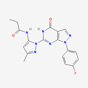 molecular formula C18H16FN7O2 B3009860 N-(1-(1-(4-fluorophenyl)-4-oxo-4,5-dihydro-1H-pyrazolo[3,4-d]pyrimidin-6-yl)-3-methyl-1H-pyrazol-5-yl)propionamide CAS No. 1019098-35-1