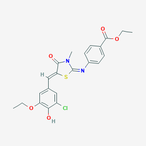 molecular formula C22H21ClN2O5S B300987 Ethyl 4-{[5-(3-chloro-5-ethoxy-4-hydroxybenzylidene)-3-methyl-4-oxo-1,3-thiazolidin-2-ylidene]amino}benzoate 