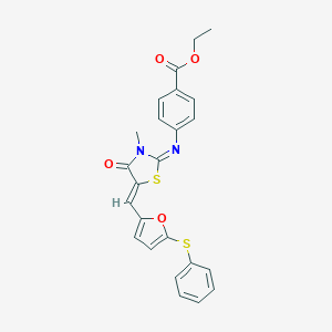 molecular formula C24H20N2O4S2 B300988 Ethyl 4-[(3-methyl-4-oxo-5-{[5-(phenylsulfanyl)-2-furyl]methylene}-1,3-thiazolidin-2-ylidene)amino]benzoate 