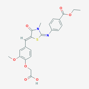 molecular formula C23H22N2O7S B300989 {4-[(2-{[4-(Ethoxycarbonyl)phenyl]imino}-3-methyl-4-oxo-1,3-thiazolidin-5-ylidene)methyl]-2-methoxyphenoxy}acetic acid 