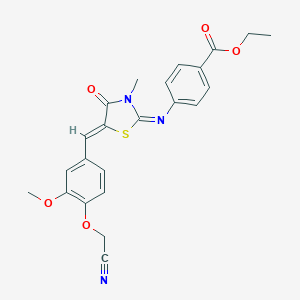 molecular formula C23H21N3O5S B300990 Ethyl 4-({5-[4-(cyanomethoxy)-3-methoxybenzylidene]-3-methyl-4-oxo-1,3-thiazolidin-2-ylidene}amino)benzoate 